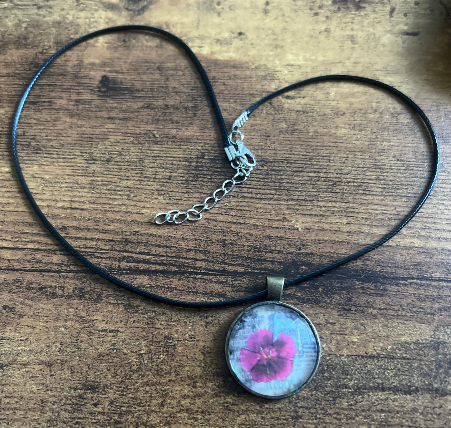 Handmade vintage vibe pink flower pendant necklace